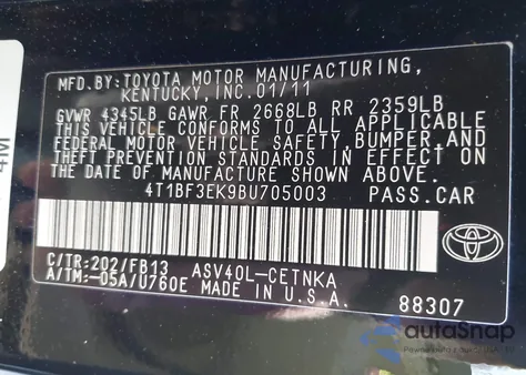 2011 Toyota Camry Le z USA, uszkodzony, nr VIN 4T1BF3EK9BU705003